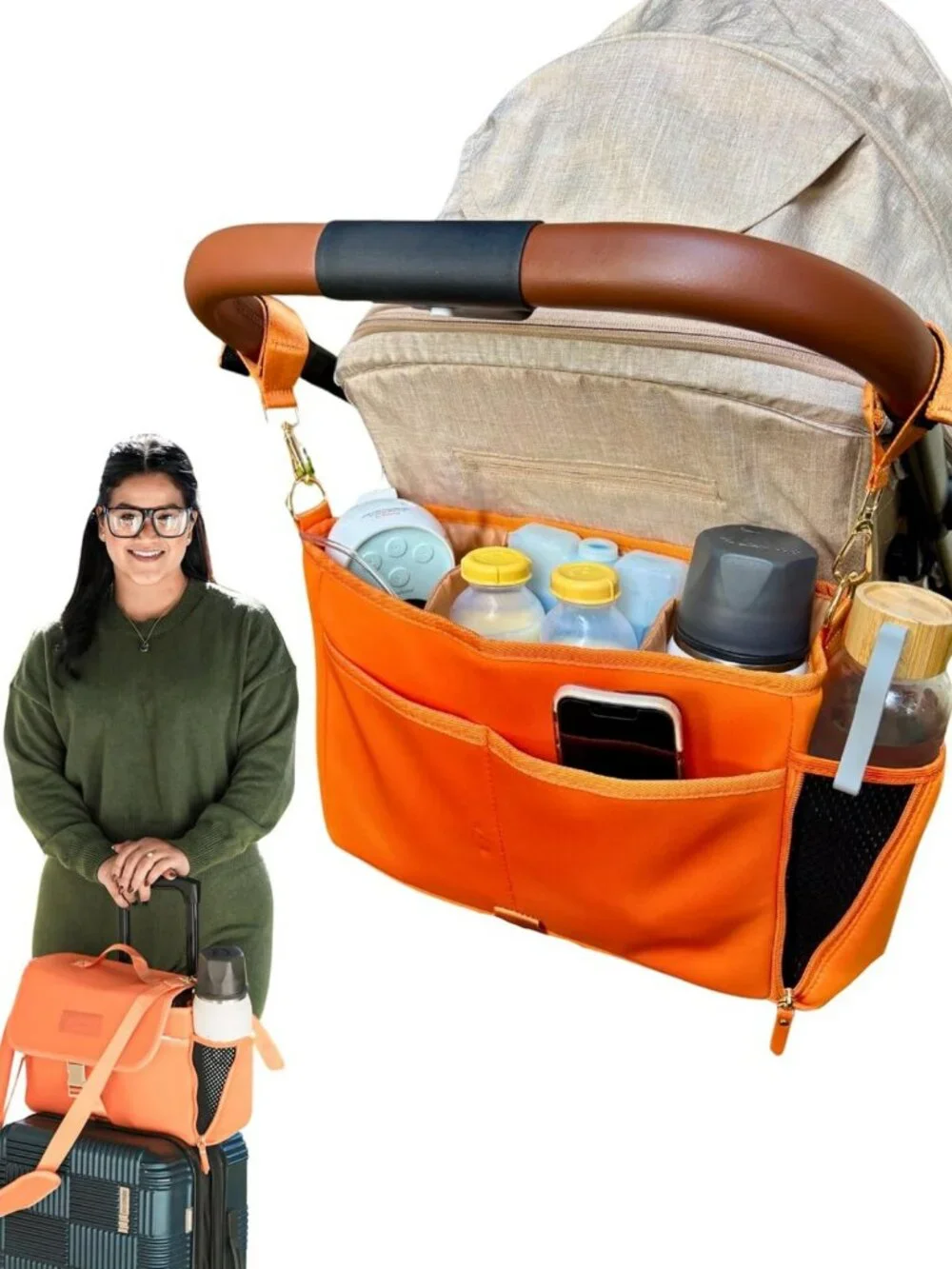 Insulated Neoprene Stroller Caddy & Pump Bag - Diaper Organizer with Crossbody